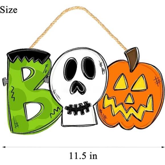 Halloween Decorations Wooden Door Sign for Front Door, Pumpkin BOO Sign Hanging - Picture 3 of 8